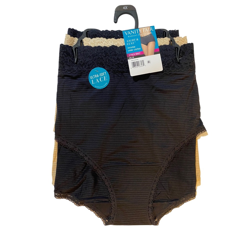 Vanity Fair Radiant Collection Light‎ Luxe 3 Pack Brief Panties 4XL Black Tan